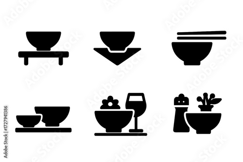 Dining Bowl Icons. Solid, filled icon set of bowls in dining settings: bowl on table, bowl with napkin, bowl with placemat, bowl with chopsticks rest, bowl