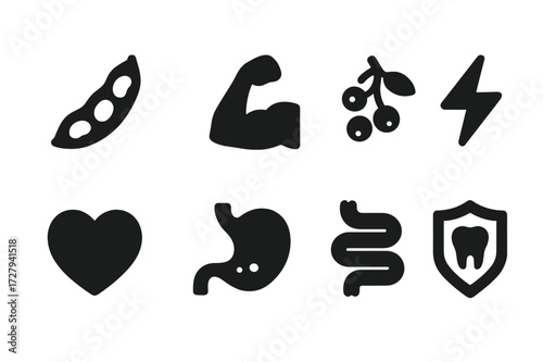 Bean Pod Nutrients. Solid, filled icon set of bean pod nutrition: protein, fiber, vitamins, minerals, antioxidants, energy, heart health, digestion. [Line