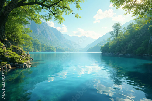 Landscape with river in green highlands forest at sunny day. Availability of fresh water recource.