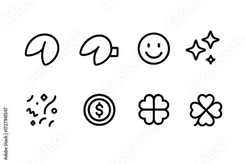 Fortune Cookie Icons. Outline icon set of fortune cookies: cookie, fortune slip, lucky message, smiling face, stars, confetti, coin, four-leaf clover. Line