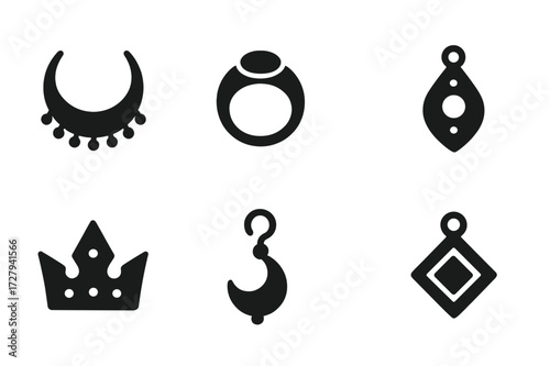 Ancient Jewelry Icons. Solid, filled icon set of ancient jewelry: necklace, ring, bracelet, amulet, crown, earring, brooch, pendant. [Line icons in only black