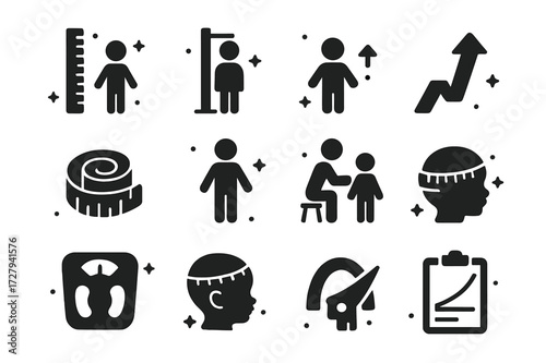 Baby Growth Icons. Growth chart. Solid icons set of baby growth ruler, child height scale, measuring tape, standing child, growth arrow, doctor checkup, weight
