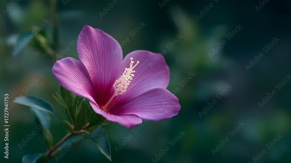Fototapeta premium Hibiscus Blossom: A close-up showcases a vibrant, radiant hibiscus flower, revealing its intricate structure and delicate petals. The lush backdrop enhances the bloom's beauty.