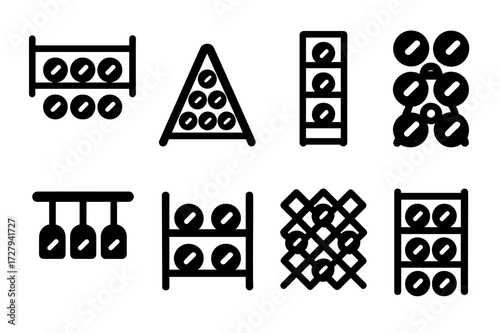 Wine Rack Icons. Solid, filled icon set of wine rack types: wall-mounted rack, countertop rack, freestanding rack, modular rack, hanging rack, corner rack,