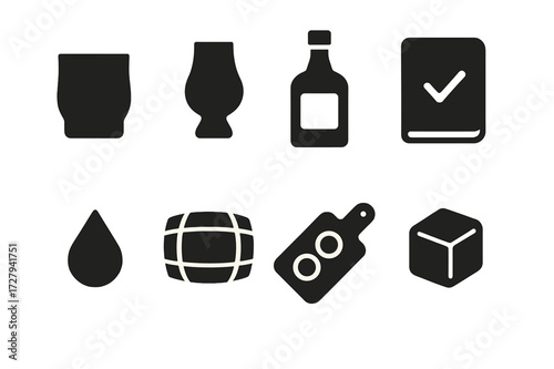 Spirits Tasting Icons. Solid, filled icon set of spirits tasting: whiskey glass, nosing glass, bottle with cork, tasting journal, spirit droplet, barrel,