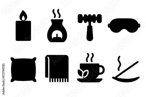 Wellness Tools Icons. Solid, filled icon set of wellness relaxation tools: candle, essential oil diffuser, massage roller, eye mask, soft pillow, cozy blanket,