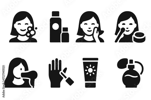 Beauty Routine Icons. Solid, filled icon set of daily beauty routine: cleansing, toning, moisturizing, applying makeup, hairstyling, nail care, sun protection,
