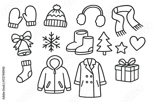 Winter Accessories Doodle. Hand-drawn doodle illustration Winter accessories mittens mitten, knit hat, earmuffs, scarf, boots, snowflake, pine tree, sock,