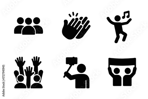 Concert Audience Icons. Solid, filled icon set of concert audience: crowd, clapping hands, cheering, dancing, waving hands, selfie, glow sticks, fan banner.