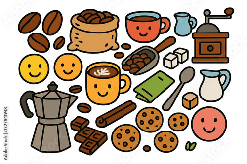 Coffee Doodle Icons. Coffee beans. Colorful Hand-drawn doodle Children illustration Coffee beans, sack, scoop, cup, coffee grinder, coffee pot, spoon, sugar