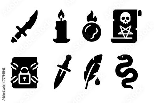 Forbidden Icons Set. Solid, filled icon set of forbidden items: cursed dagger, black candle, soul orb, forbidden scroll, chained book, ritual knife,
