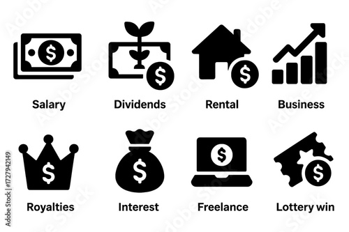 Income Source Icons. Solid, filled icon set of income sources: salary, dividends, rental income, business profit, royalties, interest earnings, freelance,