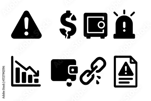 Financial Crisis Icons. Solid, filled icon set of financial crisis: exclamation mark, dollar sign with crack, empty safe, alarm, downward graph, wallet with