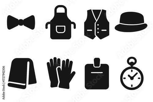 Bartender Icon Set. Solid, filled icon set of bartender attire and accessories: bow tie, apron, vest, bartender hat, towel, gloves, name tag, pocket watch.