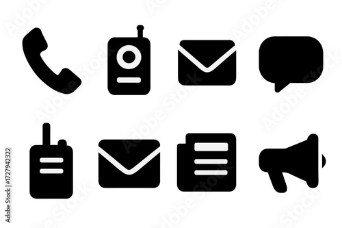 Clue Communication Icons. Solid, filled icon set of clue communication: telephone, radio, email, message bubble, walkie-talkie, letter, newspaper, megaphone.
