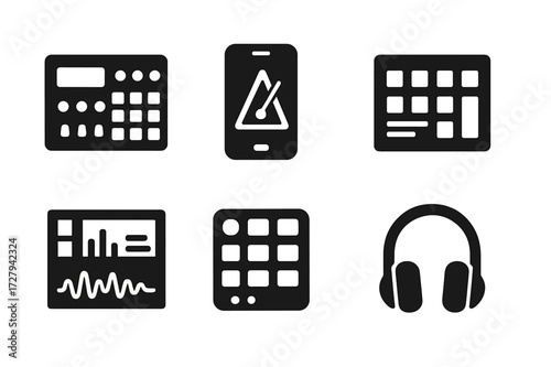 Rhythm Tech Icons. Solid, filled icon set of rhythm technology: drum machine, metronome app, sequencer, music software, MIDI controller, audio wave, beat pad,