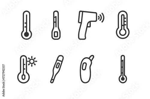 Thermometer Icons Set. Outline icon set of thermometers: mercury thermometer, digital thermometer, infrared thermometer, clinical thermometer,