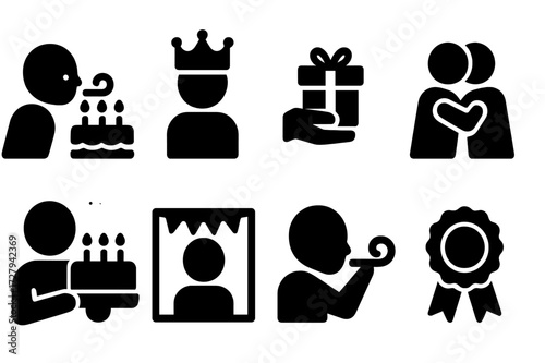 Birthday Celebration Icons. Solid, filled icon set of birthday celebrants: blowing candles, wearing crown, receiving gift, birthday hug, holding cake, photo