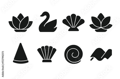 Napkin Fold Icons. Solid, filled icon set of decorative napkin folds: lotus flower, swan fold, peacock fan, water lily, cone fold, pleated fan, spiral roll,