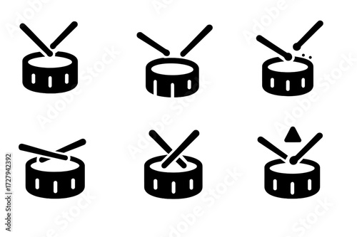 Drum Sound Icons. Solid, filled icon set of drum sound effects: rimshot, ghost note, flam, drag, buzz roll, paradiddle, backbeat, accent. Solid, filled icons