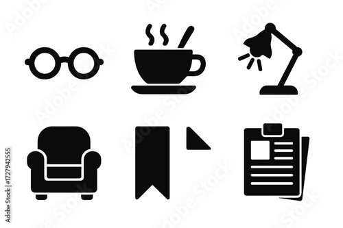 Newspaper Reading Icons. Solid, filled icon set of newspaper reading: glasses, coffee cup, reading lamp, newspaper holder, armchair, bookmark, folded page,