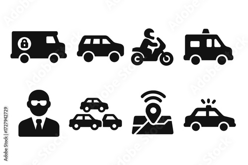 Bodyguard Vehicle Icons. Solid, filled icon set of bodyguard vehicles: armored car, black SUV, motorcycle escort, security van, driver, convoy, GPS tracker,