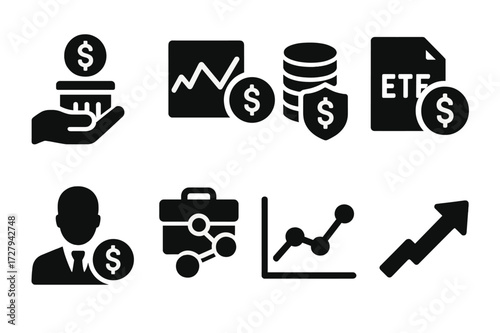Investment Funds Icons. Solid, filled icon set of investment funds: mutual fund, index fund, hedge fund, ETF, fund manager, portfolio diversification, fund