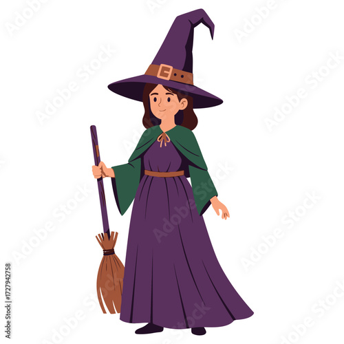 Flat Graphic Style Witch with Broom Illustration Ready for Halloween Season
