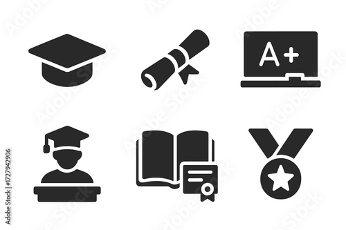 Education Influence Icons. Solid, filled icon set of influence in education: graduation cap, diploma, open book, chalkboard, student, lecture podium,
