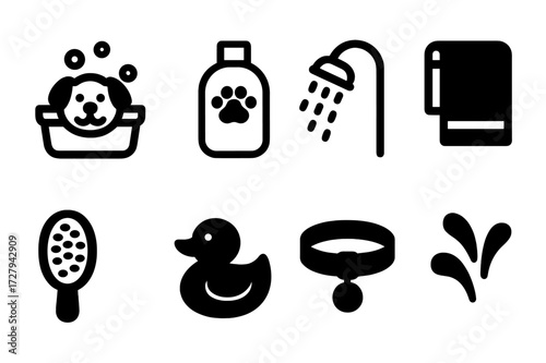 Pet Care Icons. Solid, filled icon set of pet washing: pet bath tub, shampoo bottle, shower head, towel, brush, rubber duck, pet collar, water splash. [Line