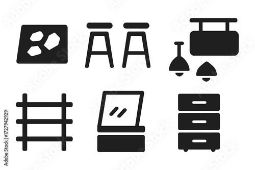 Counter Design Icons. Solid, filled icon set of counter design elements: countertop material, stools, lighting fixtures, signage, shelving, display cases,