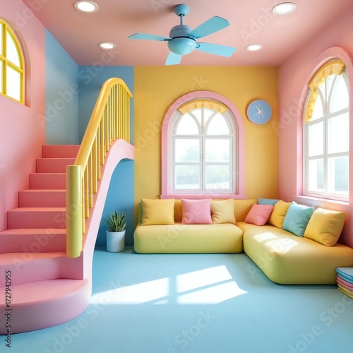 A room with a yellow couch and a pink staircase.