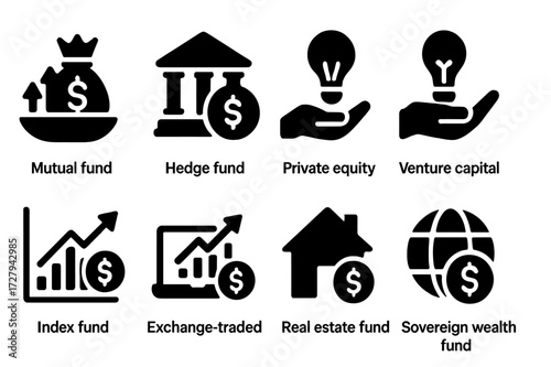 Investment Funds Icons. Solid, filled icon set of investment fund types: mutual fund, hedge fund, private equity, venture capital, index fund, exchange-traded