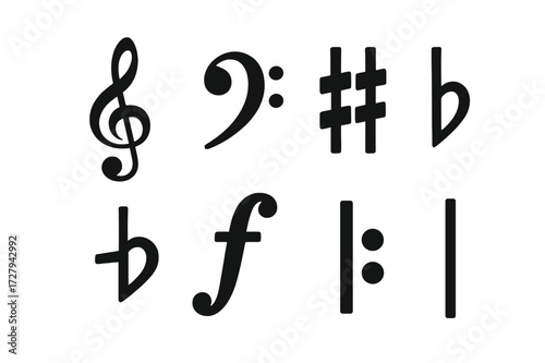 Musical Symbol Icons. Solid, filled icon set of piano sheet music symbols: treble clef, bass clef, chord symbol, key signature, time signature, dynamics