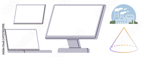 Desktop monitor, laptop, and tablet alongside a power plant and a geometric triangle. Ideal for technology, energy efficiency, innovation, industrial impact, renewable energy, development