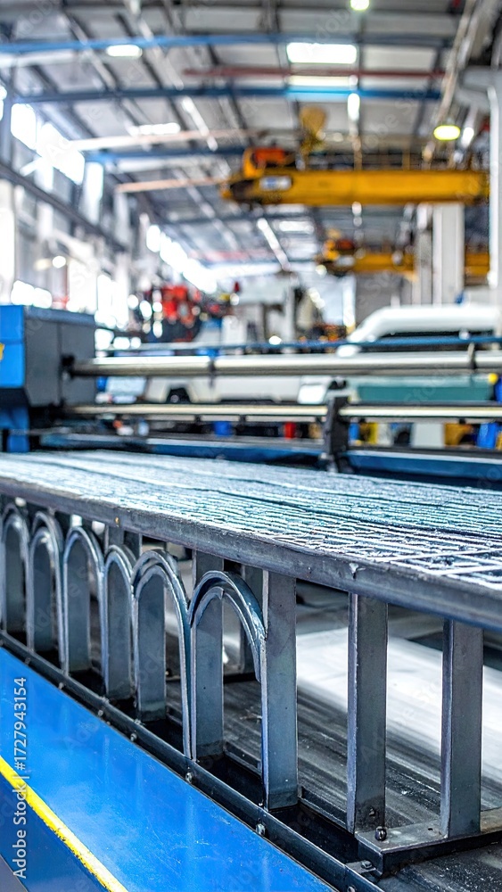Naklejka premium Industrial machinery's close-up showcases a blue metallic conveyor belt system within a large factory setting, featuring blurred industrial equipment in the background