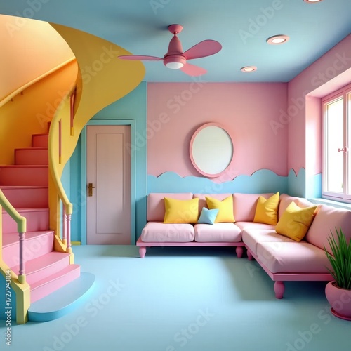 A room with a pink couch and yellow pillows in it.