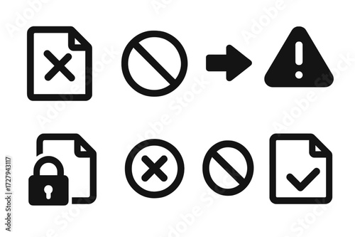 Invalid Request Icons. Solid, filled icon set of invalid request: crossed document, forbidden sign, stop arrow, alert symbol, locked file, error mark, cancel