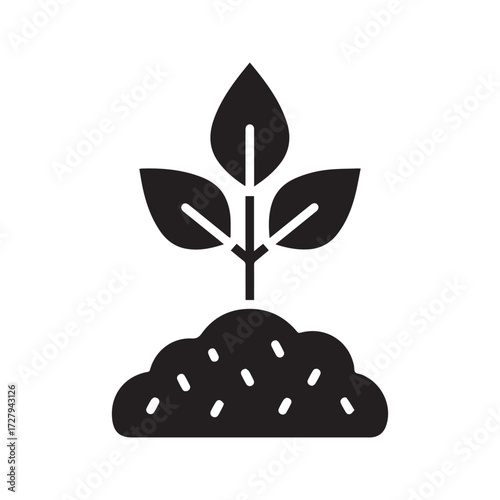Compost Pile Icon with Growing Sprout. Black solid glyph symbol for agriculture, fertilizer, organic farming, and soil enrichment.
