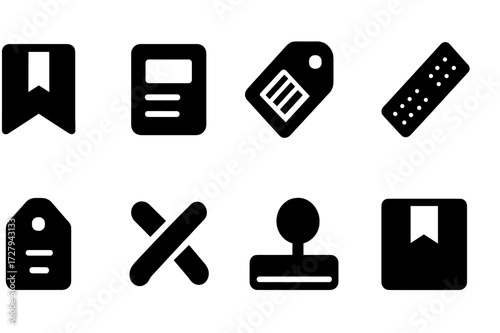 Banderol Icon Set. Solid, filled icon set of banderol: sealed banderol, shipping label, barcode tag, adhesive strip, parcel tag, wrapping band, security seal,