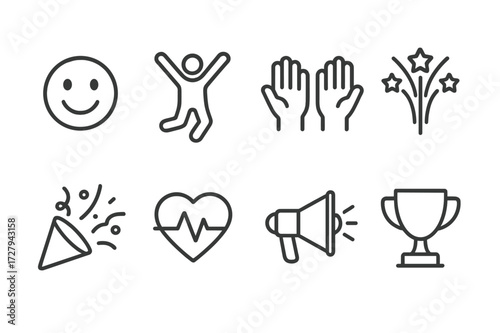 Excitement Emotions Icons. Outline icon set of excitement emotions: smiling face, jumping figure, raised hands, fireworks, confetti, heart pulse, megaphone,
