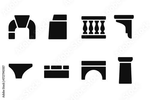 Old Bridge Icons. Solid, filled icon set of old bridge architectural details: keystone, abutment, balustrade, corbel, voussoir, string course, spandrel, pier.