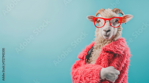 Conceito Criativo e Fashion de Ovelha com Casaco Pink e Óculos Vermelhos