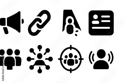 Peer Influence Icons. Solid, filled icon set of peer influence: megaphone, chain link, spotlight, social media, followers, network effect, target group,