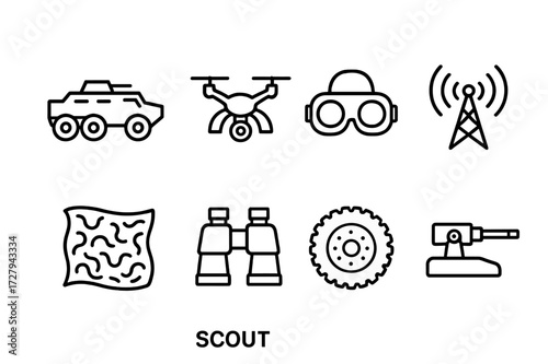Scout Vehicle Icon Set. Outline icon set of scout vehicle: armored car, reconnaissance drone, night vision goggles, radio antenna, camouflage net, binoculars,