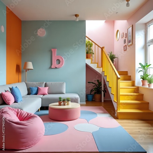 A living room with a gray couch and a pink bean bag chair.