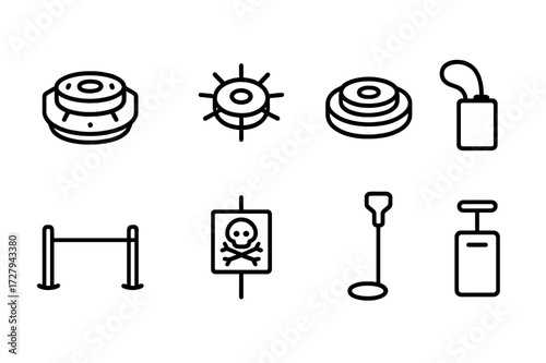 Mine Icon Set. Outline icon set of mine: landmine, anti-personnel mine, anti-tank mine, explosive charge, tripwire, detonator, minefield warning sign, mine