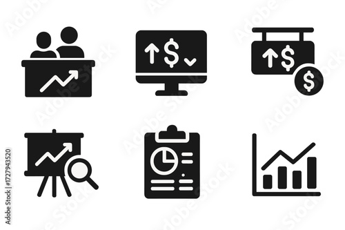 Hedge Fund Icon Set. Solid, filled icon set of hedge fund operations: trading desk, computer monitor, stock ticker, news feed, market analysis, portfolio