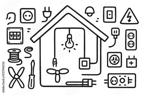 Home Wiring Doodle. Hand-drawn doodle illustration Home electrical wiring house outline, switch, plug, socket, lamp, fuse box, wire spool, screwdriver, pliers,