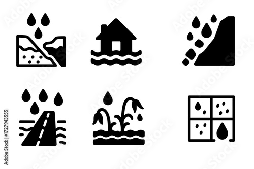 Rain Impact Icons. Solid, filled icon set of rain impact on environment: soil erosion, flood, landslide, wet roads, waterlogging, river overflow, damaged